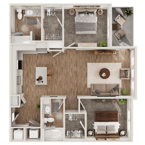 Floor plan for 2 beds, 2 baths, 1104 sqft